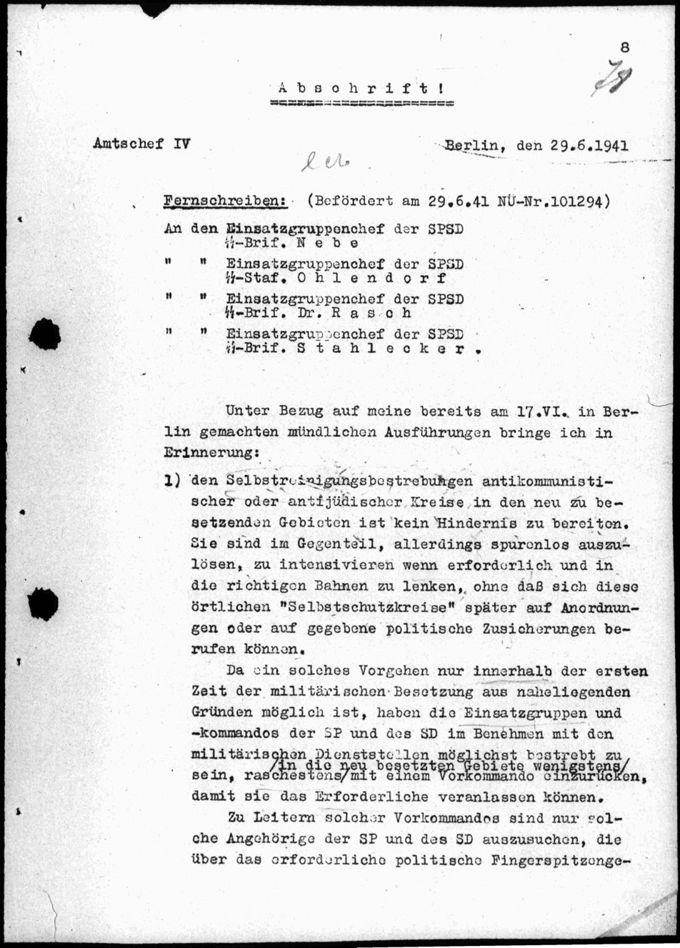 Instructions de heydrich aux Einsatzgruppen du 29/06/1941